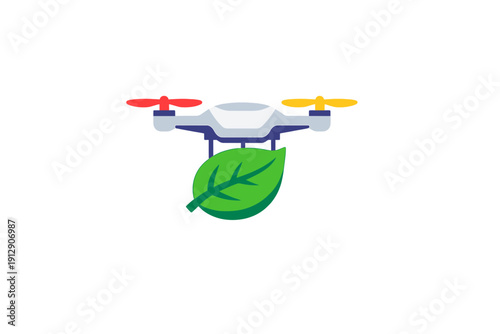 This vector illustration features a modern drone with colorful propellers transporting a green leaf, symbolizing sustainable technology and agricultural innovation in a clean style.