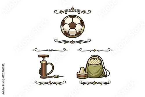 A vintage-style illustration featuring a soccer ball, a manual air pump, and a drawstring equipment bag with a training cone, all framed by decorative scrollwork on a black background.