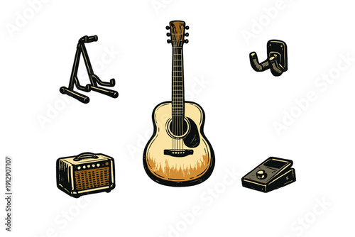 An illustration of an acoustic guitar surrounded by musical accessories including an amplifier, a stand, a wall mount, and a pedal, all set against a solid black background.