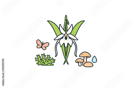 A flat illustration of a white orchid flower surrounded by a pink butterfly, green moss, brown mushrooms, and a blue water drop, all set against a solid black background.