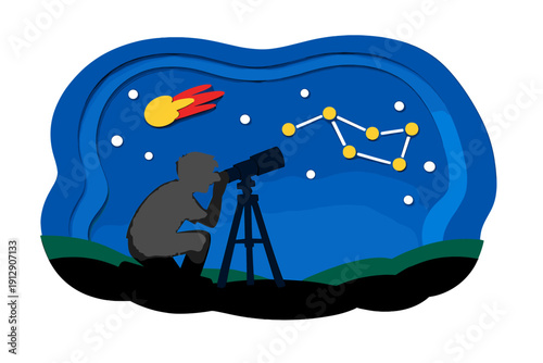 This paper-cut style illustration depicts a person's silhouette using a telescope to observe a night sky featuring a bright yellow comet and a prominent star constellation.