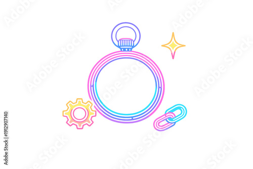 A neon-style illustration featuring a stylized pocket watch, a gear, a chain link, and a star on a black background. The graphic uses vibrant pink, blue, and yellow gradients.
