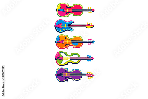 A vertical arrangement of five stylized, colorful string instruments like violins and guitars in a vibrant pop art style, set against a solid black background for high contrast.