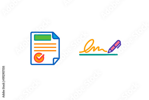 A set of colorful flat icons featuring a document with a checkmark and a signature being written with a pen. These graphics symbolize legal contracts, agreements, and official approvals.