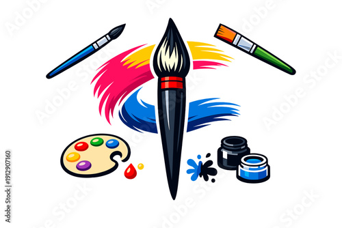 A vibrant vector illustration featuring various art supplies including paintbrushes, a wooden palette with colorful paint, and jars of ink against a backdrop of bold color strokes.