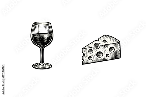 A hand-drawn vintage engraving style illustration of a glass filled with wine and a wedge of Swiss cheese with holes, isolated on a solid black background.