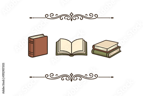 A collection of vintage book illustrations including a closed volume, an open book, and a stack of two books, framed by decorative scrollwork on a solid black background.