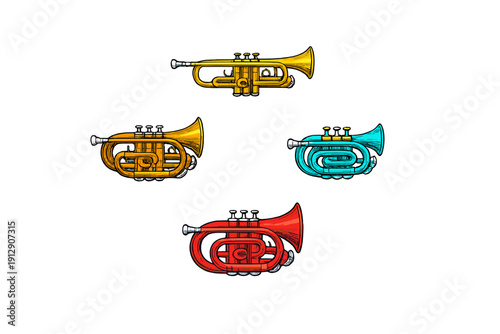 Four colorful hand-drawn trumpets in yellow, orange, teal, and red are arranged on a solid black background. The musical instruments feature a detailed engraved or woodcut artistic style.