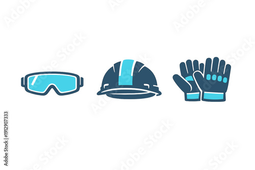 This illustration features three essential safety gear icons: protective goggles, a construction hard hat, and industrial work gloves, all in blue tones on a black backdrop.