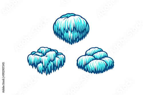 Three stylized blue and white fluffy cloud icons with a furry texture are isolated on a black background. These vector illustrations feature sharp, pointed details and highlights.