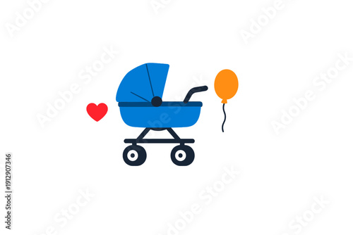 This minimalist vector graphic depicts a blue baby carriage positioned between a red heart and an orange balloon. The illustration is set against a dark, rounded frame background.