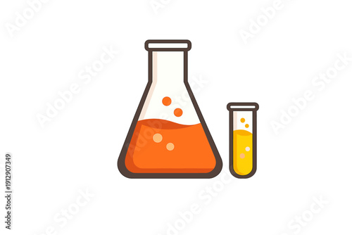 A flat vector illustration of a conical Erlenmeyer flask filled with orange liquid and a small test tube containing yellow liquid, both with bubbles on a black background.