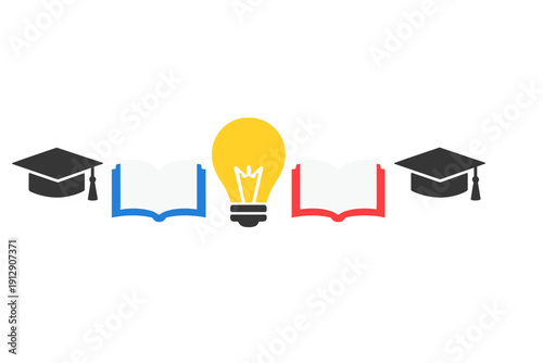This minimalist graphic shows a yellow light bulb between two open books and two mortarboards on a dark background, symbolizing knowledge, learning, and academic achievement.