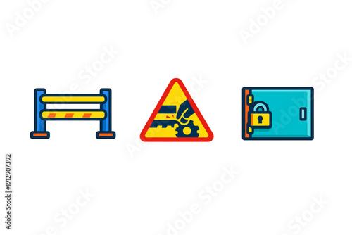This set of three flat vector icons includes a blue and yellow construction barrier, a mechanical hazard warning sign, and a locked blue safe box on a black background.