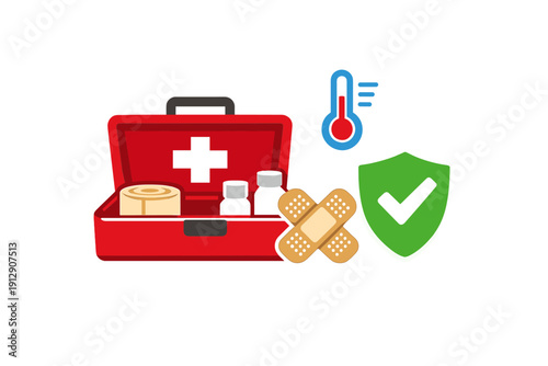 A red first aid kit with a white cross contains medical supplies like bandages and medicine bottles, accompanied by a thermometer, crossed plasters, and a green safety shield icon.