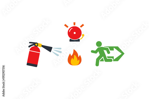A collection of fire safety icons including a red fire extinguisher, a ringing alarm bell, a burning flame, and a green emergency exit sign with a running figure on a black background.