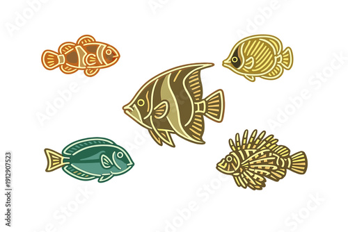Five vibrant tropical fish icons with glowing neon outlines set against a black background, including a clownfish, angelfish, and lionfish in a stylized linear art style.