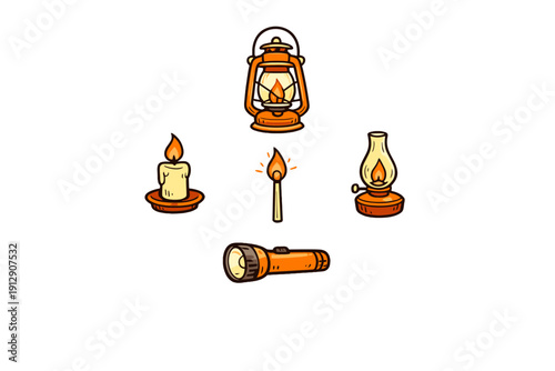 A collection of various light sources including a lantern, candle, match, oil lamp, and flashlight, all illustrated in a warm orange and yellow style against a solid black background.