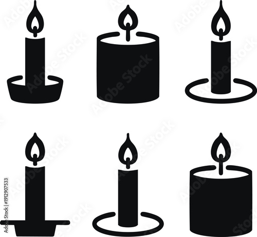 Minimalist Vector Set of Burning Candle Icons, Monochrome Pictograms of Lit Pillar and Taper Candles, vector, illustration, silhouette.