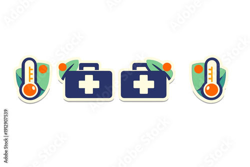 A set of four medical icons featuring thermometers in shields and first aid kits with leaf accents, presented in a flat vector style with dark blue and orange colors on a black background.