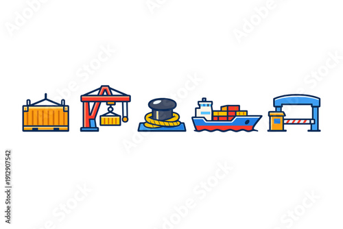 A set of five flat vector icons representing maritime logistics and shipping, including a cargo container, a port crane, a mooring bollard, a container ship, and a harbor gate.