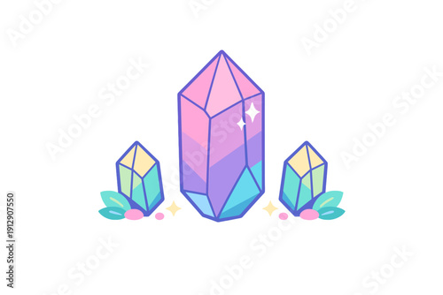 A colorful vector illustration of three stylized crystals in pastel shades of pink, purple, and blue, decorated with small stars and leaves against a solid black background.
