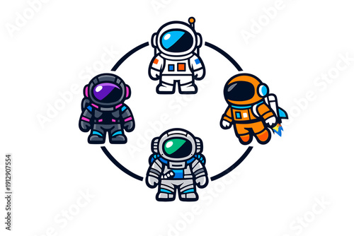 Four cute cartoon astronauts in colorful space suits are arranged in a circular formation against a black background. One astronaut is flying with a jetpack while others stand.