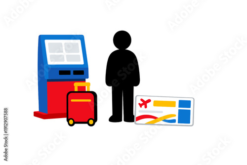 A flat illustration of an airport self-service check-in kiosk in blue and red colors, standing next to a red suitcase and a boarding pass with an airplane icon on a black background.