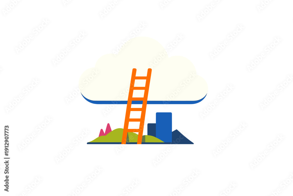Obraz premium This flat design illustration shows an orange ladder reaching up to a large white cloud from a colorful abstract landscape, symbolizing growth and ambition on a dark background.
