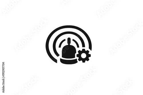 A black minimalist icon featuring a ringing bell with radiating sound waves and a gear symbol, representing alarm settings or notification management on a textured background.