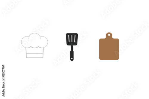 A minimalist illustration featuring a white chef's hat, a black spatula, and a brown wooden cutting board arranged horizontally against a solid black background.