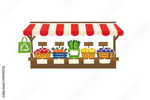 A flat vector illustration of a colorful market stall with a red and white striped awning, featuring baskets of fresh fruits and vegetables and a green reusable shopping bag.