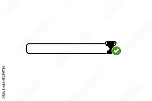 A minimalist graphic showing a horizontal progress bar outline with a trophy icon and a green checkmark at the end, symbolizing completion and success on a black background.