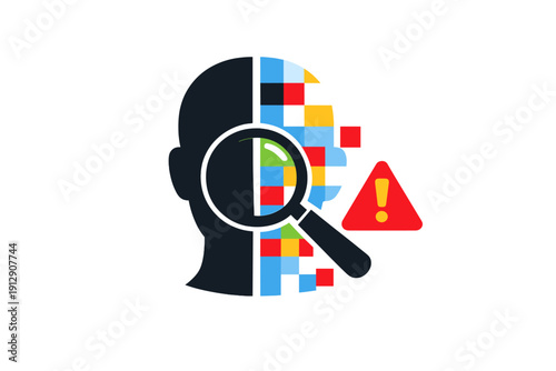 A conceptual illustration of a human head profile split into solid and pixelated halves, viewed through a magnifying glass with a red warning sign on a black background.