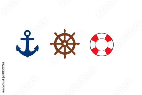 Three nautical symbols including a blue anchor, a brown ship steering wheel, and a red and white lifebuoy are displayed in a row against a plain black background.