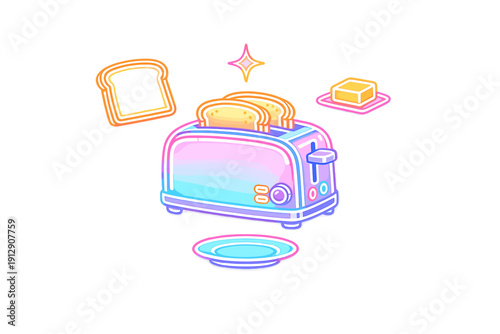 A colorful neon illustration of a kitchen toaster with bread slices, a pat of butter, and a plate. The glowing artwork features pink and blue gradients against a solid black background.