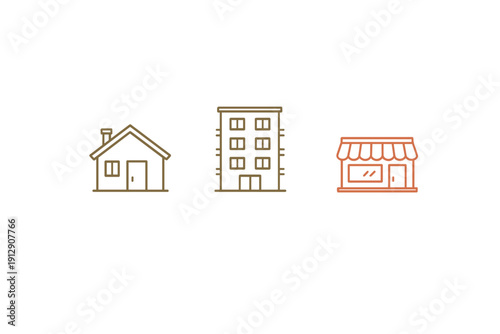 A set of three minimalist building icons including a residential house, a multi-story apartment block, and a storefront shop, presented in gold and orange tones on a black background.