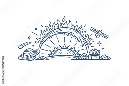 A minimalist line art illustration featuring a large sun with solar flares, Saturn with its rings, a satellite, an observatory, and a comet against a starry background.