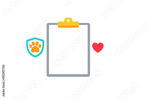 This flat design illustration shows a grey clipboard with a yellow clip, a teal shield containing an orange paw print, and a red heart icon, all set against a solid black background.