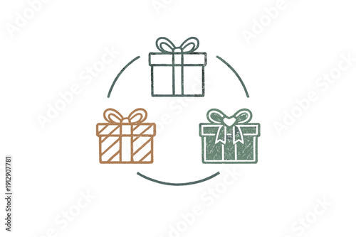 Three stylized gift box icons are arranged in a circular formation against a black background. The hand-drawn illustrations feature different colors and patterns with bows.