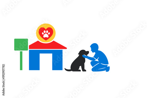 A colorful graphic illustration depicts a blue doghouse with a red roof and a yellow circle containing a paw print heart. A blue silhouette of a person kneels to pet a black dog on a dark background.