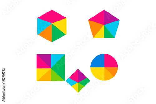 A collection of five colorful geometric shapes including a hexagon, pentagon, square, circle, and diamond, each divided into vibrant segments against a solid black background.