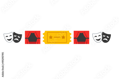 A horizontal arrangement of theater icons including comedy and tragedy masks, red stage curtains, and a yellow ticket, all set against a solid black background.