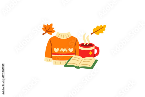 A cozy autumn illustration featuring an orange sweater with heart patterns, a steaming red mug, an open book, and falling maple and oak leaves against a black background.