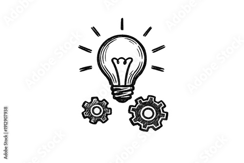 A hand-drawn white light bulb with glowing rays sits above two interlocking gears on a solid black background, representing innovation, creative thinking, and mechanical processes.