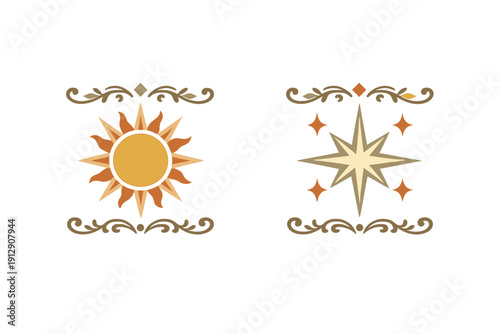 Two celestial illustrations featuring a stylized sun and an eight-pointed star on a black background. Both icons are framed by elegant decorative scrolls and diamond shapes.