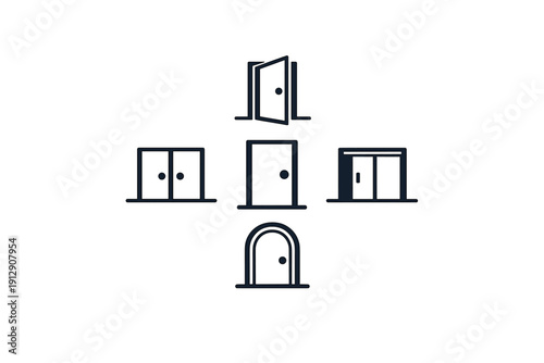 This set features five different door icons such as double doors, an arched entrance, and a sliding door, all rendered in a simple line art style on a solid black background.