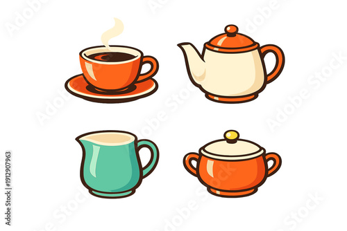 Four stylized illustrations of a tea set including a steaming orange cup, a white teapot, a teal creamer, and an orange sugar bowl, all presented on a solid black background.