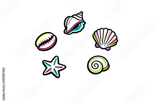 A collection of five colorful sea shell and starfish icons arranged in a circle on a solid black background. The illustrations feature vibrant neon outlines in pink, cyan, and yellow.