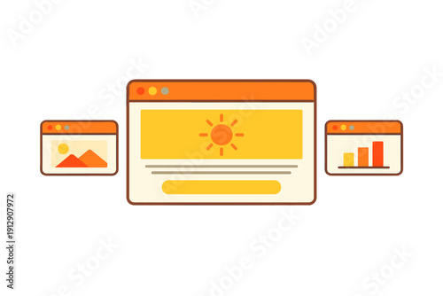 A flat illustration featuring three browser windows with orange headers. The central window displays a sun icon, while the side windows show a mountain landscape and a bar chart.